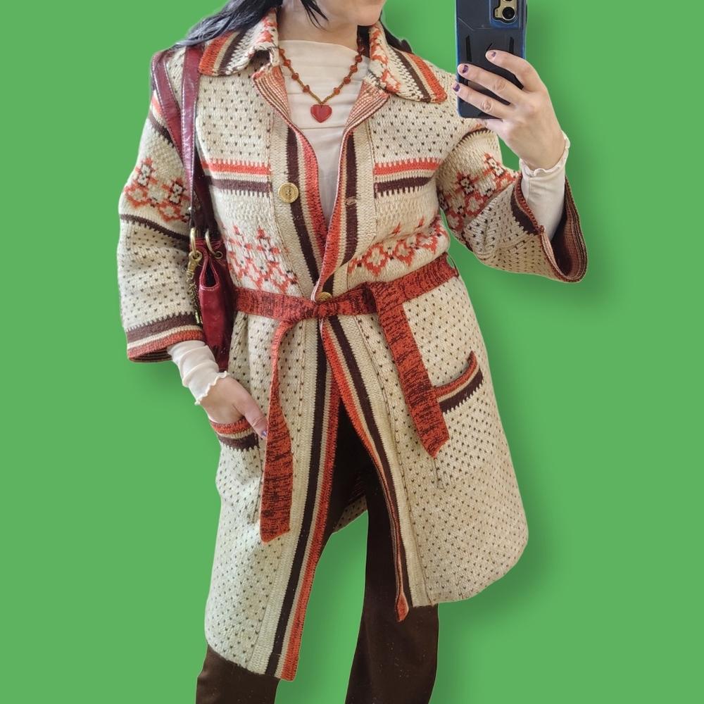 70s Vintage Cardigan Jacket Medium Large Tie Belted Waist Aztec Southwest Orange - Picture 3 of 8